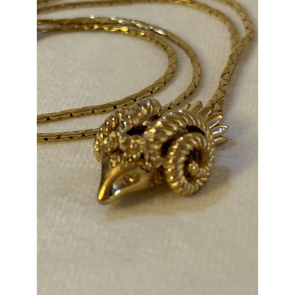 Monet Signed Aries Ram Head Gold Toned Necklace Vintage Pendant Horoscope